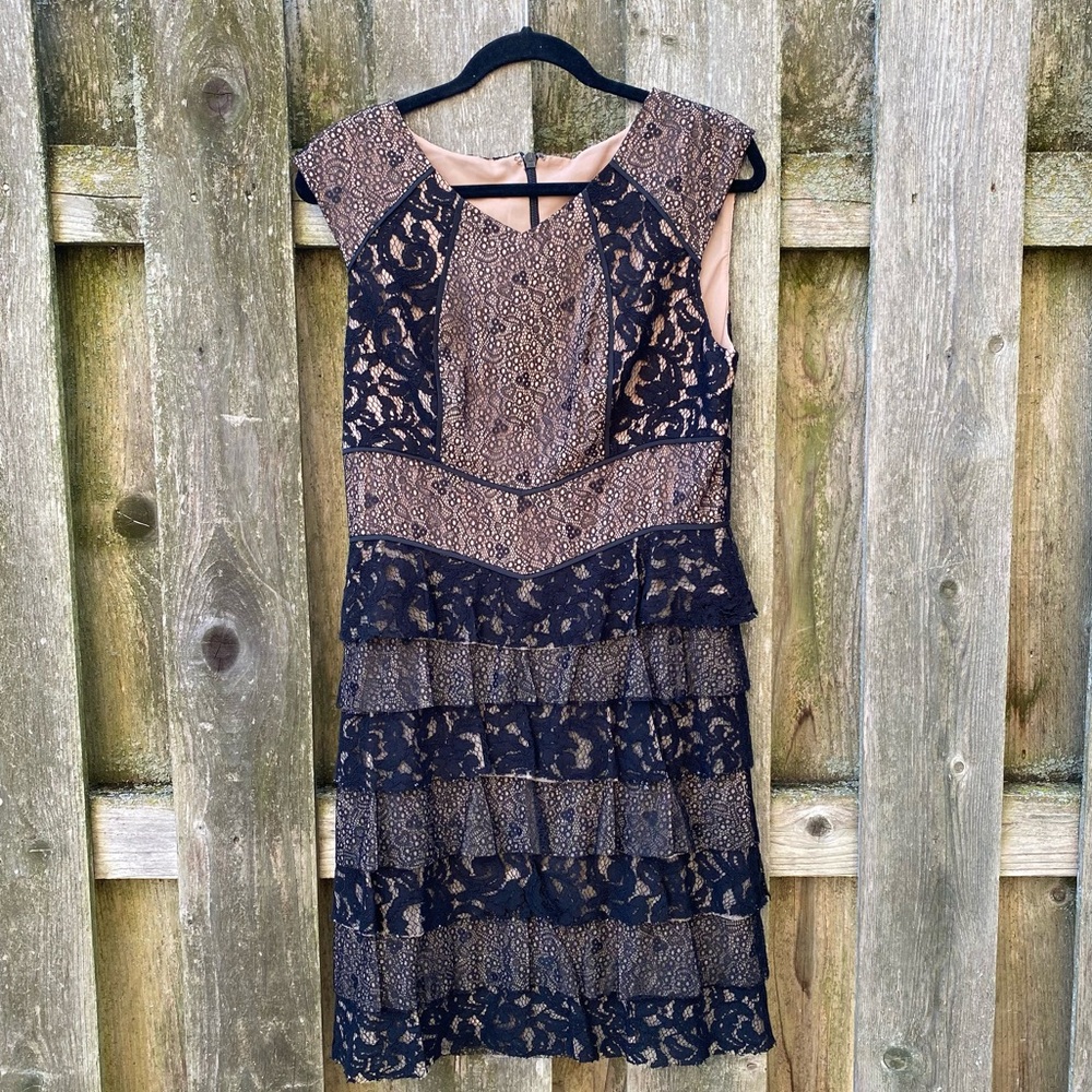 Black lace contrast dress with tiered skirt